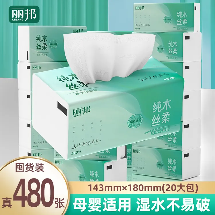 【真480张】丽邦纯木丝柔原生木浆四边压花抽纸5层柔厚20大包