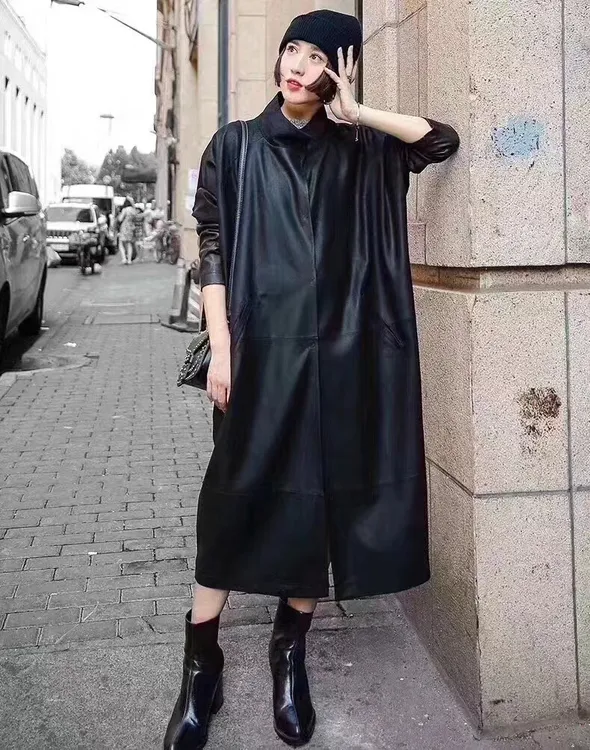 大牌款暗黑系雾纱绵羊皮风衣高端真皮设计感长款秋冬大衣ins皮衣