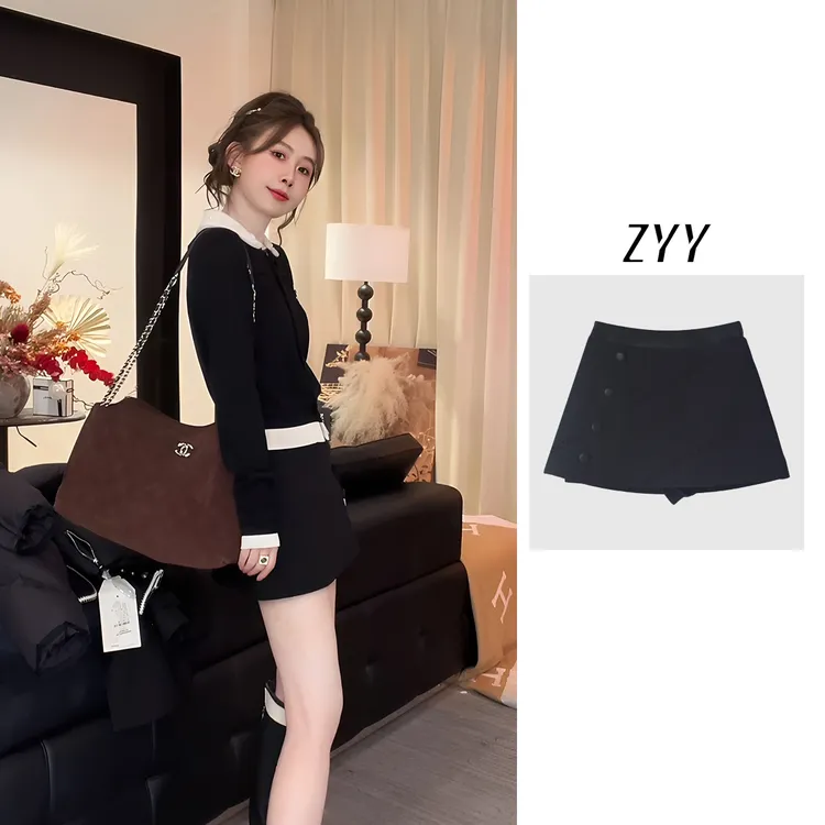 ZYY【尘光漫絮】2025/S新品双腰头拼皮正装围裹短裙裤女X25QDQ03828