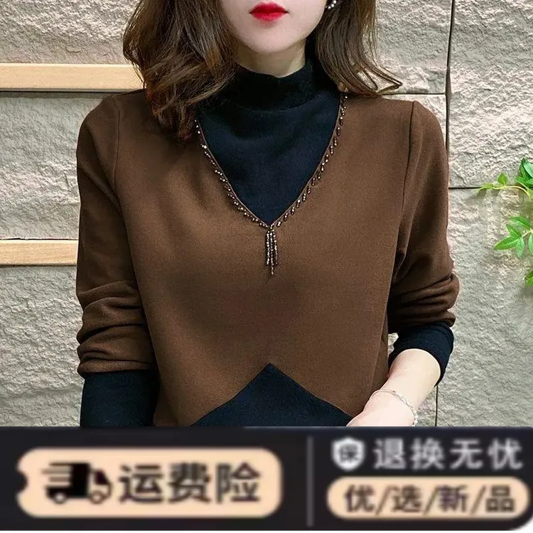 半高领钉珠假两件拼接德绒保暖百搭洋气打底衫女时尚长袖显瘦上衣