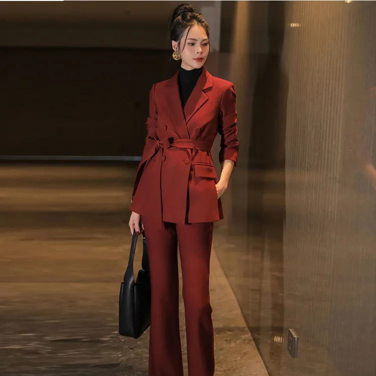 高端通勤职业西装套装春秋双排扣系带纯色时尚西服两件套红色收腰