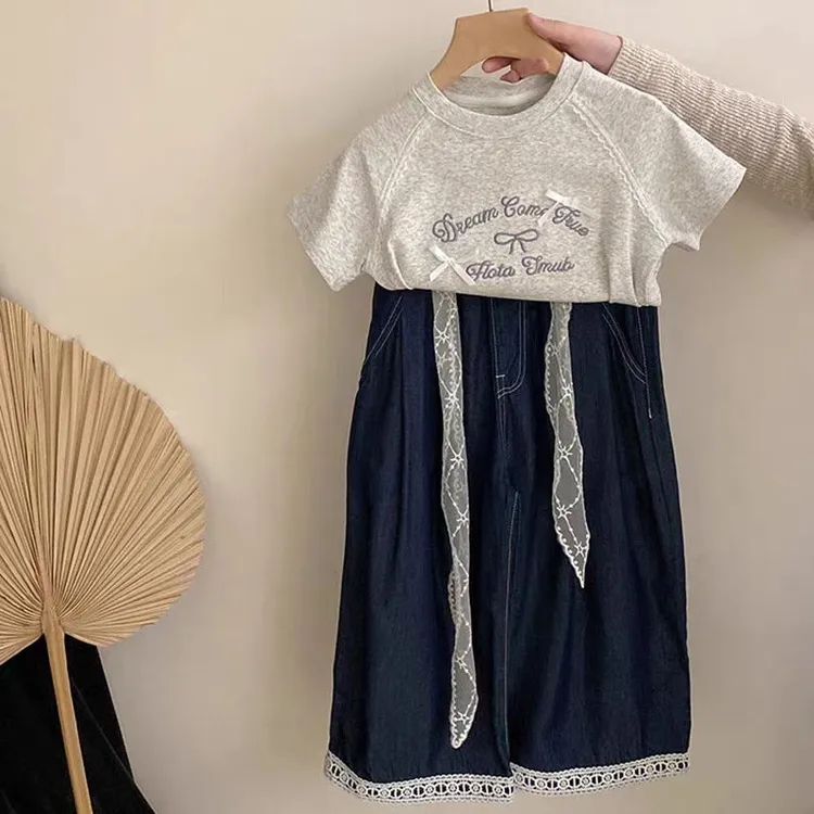 儿童套装2025女童夏装甜美蕾丝阔腿裤牛仔裤洋气小女孩蝴蝶结T恤A