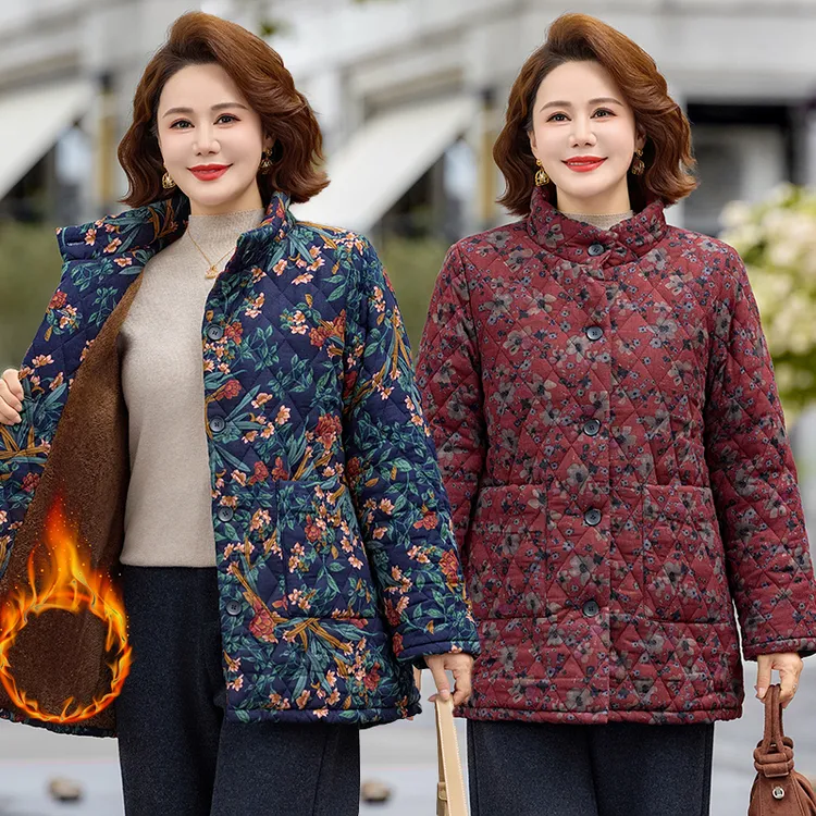 妈妈装冬季加绒加厚花棉袄中老年女装保暖碎花新款棉衣2025冬装