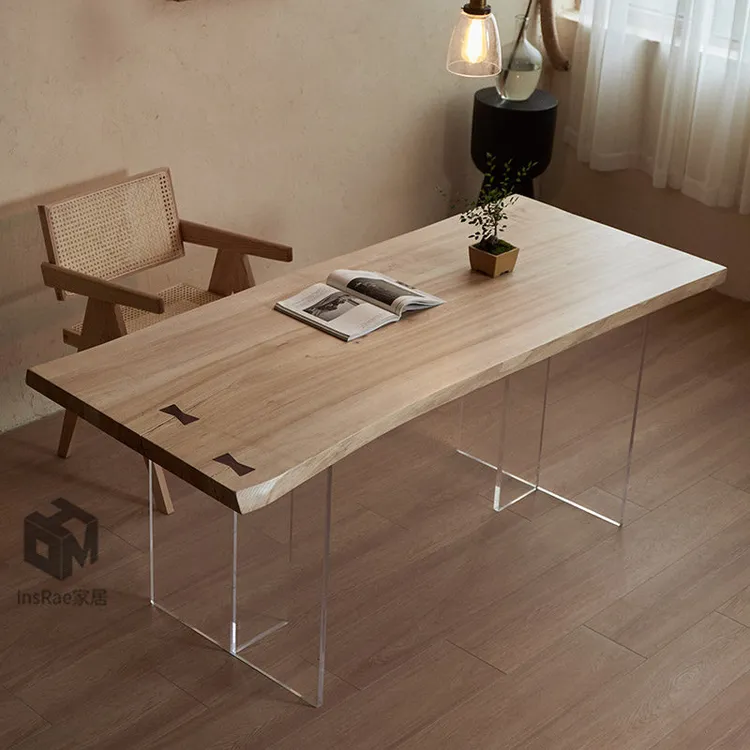 亚克力悬浮实木桌亚克力餐桌办公桌北欧简约奶油风原木白蜡木书桌