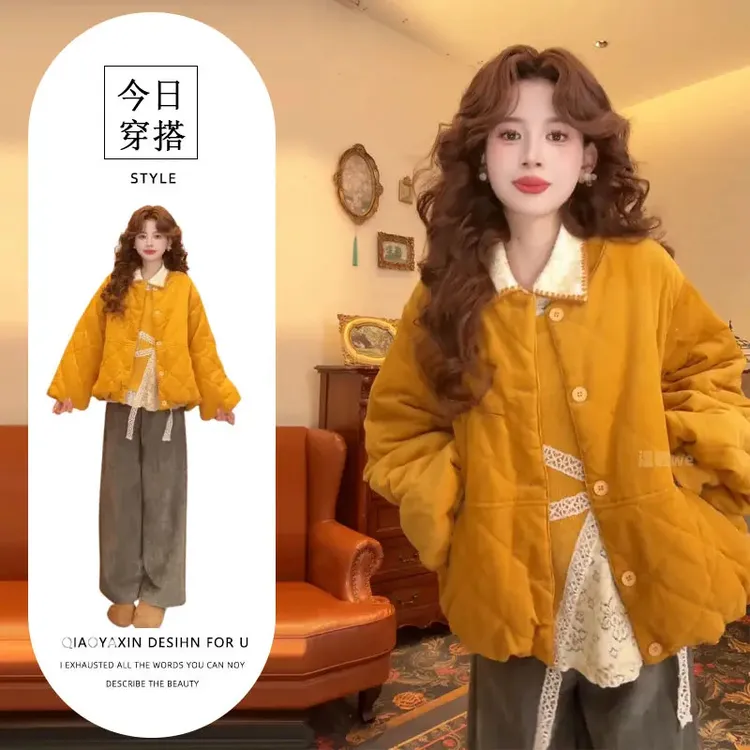秋冬超火穿搭一整套女2025新款假两件卫衣复古棉服外套裤子三件套