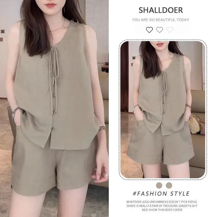 时尚洋气休闲套装女夏季新款宽松V领无袖体恤上衣阔腿短裤两件套