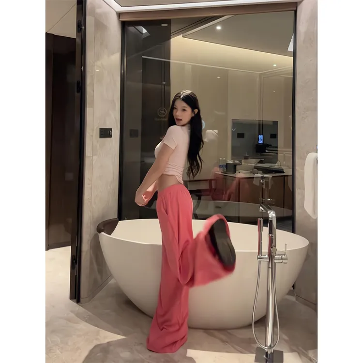 修身短袖t恤打底正肩上衣内搭休闲运动阔腿裤穿搭减龄时尚两件套