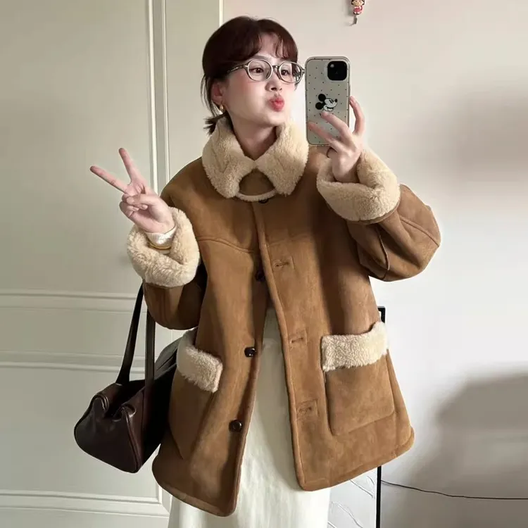 皮毛一体仿羊羔毛外套女2025两面穿冬季宽松韩版加厚加绒毛毛外套