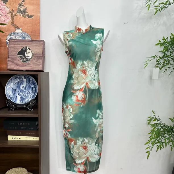 【绿荷】声声慢/120/ 夏老苏州手工中式新款低开叉日常旗袍