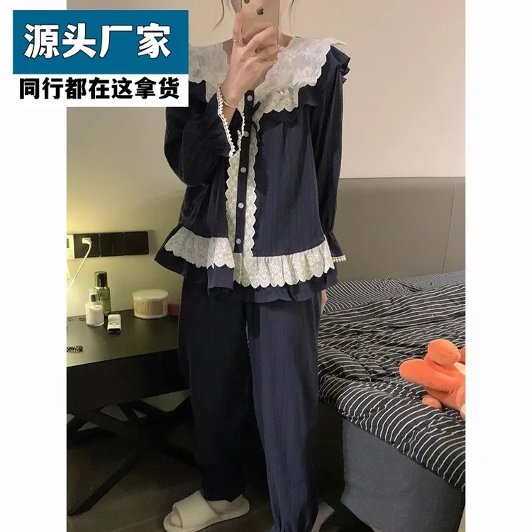 梵乐芬200斤春秋大码女装胖妹妹mm宽松蕾丝花边长袖睡衣两件套装