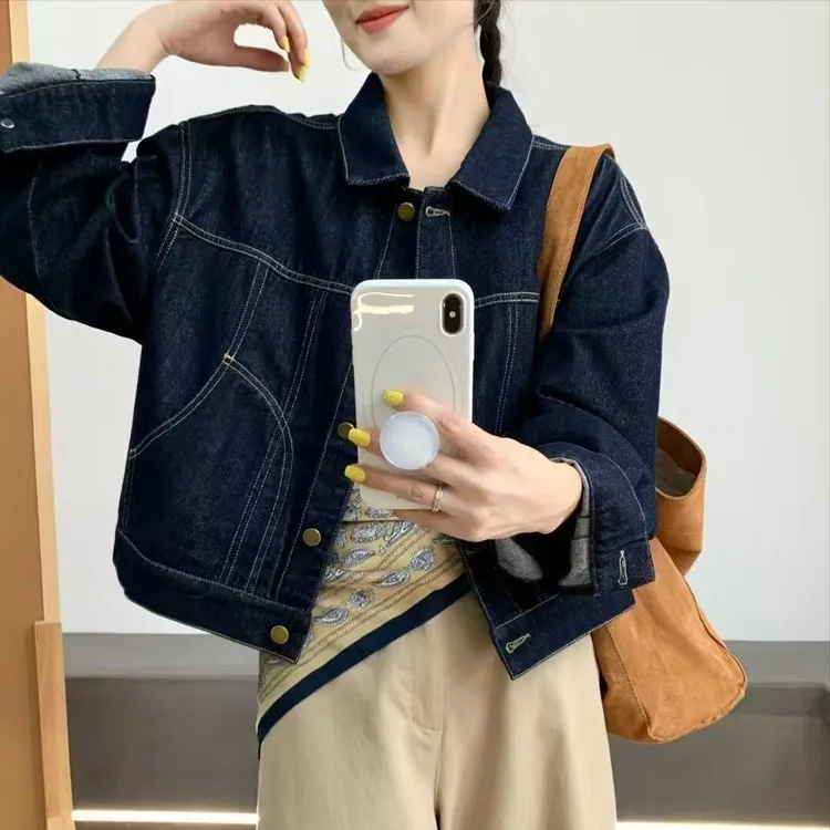 深蓝色落肩美式牛仔外套女秋季小个子韩系松弛感休闲短款工装上衣