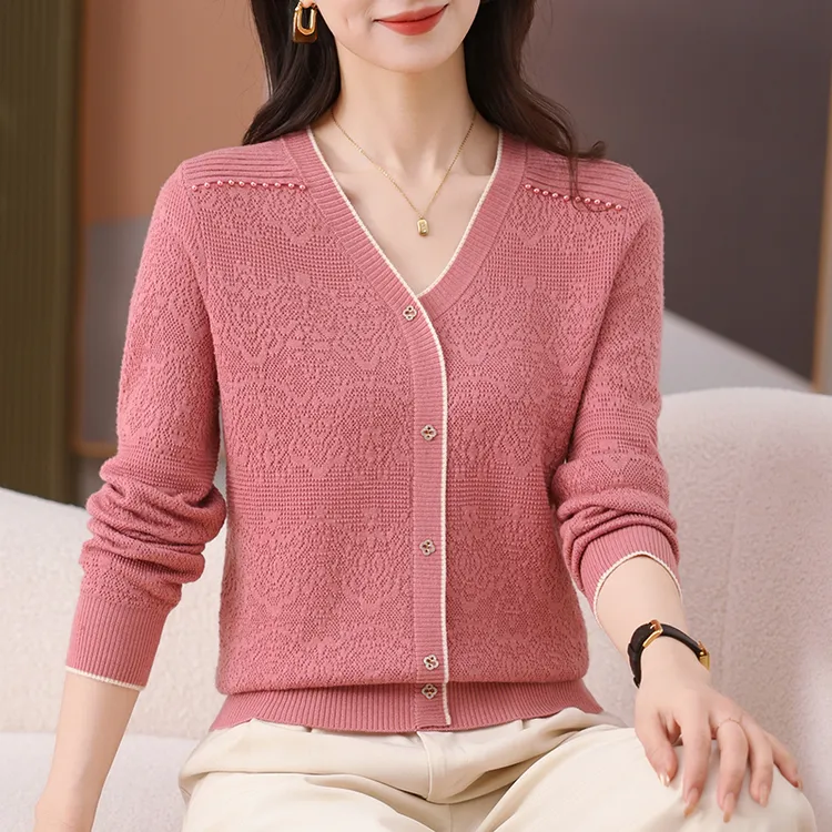 【假开衫新品】 MUYANG/沐羊春秋V领长袖针织衫女气质上衣宽松套头
