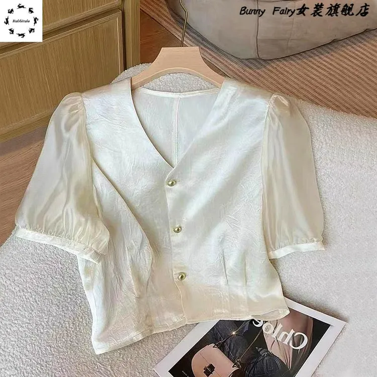 品高品质高货爆款~纹理感 小香风掐腰泡泡袖t衬衫女2025夏季新款