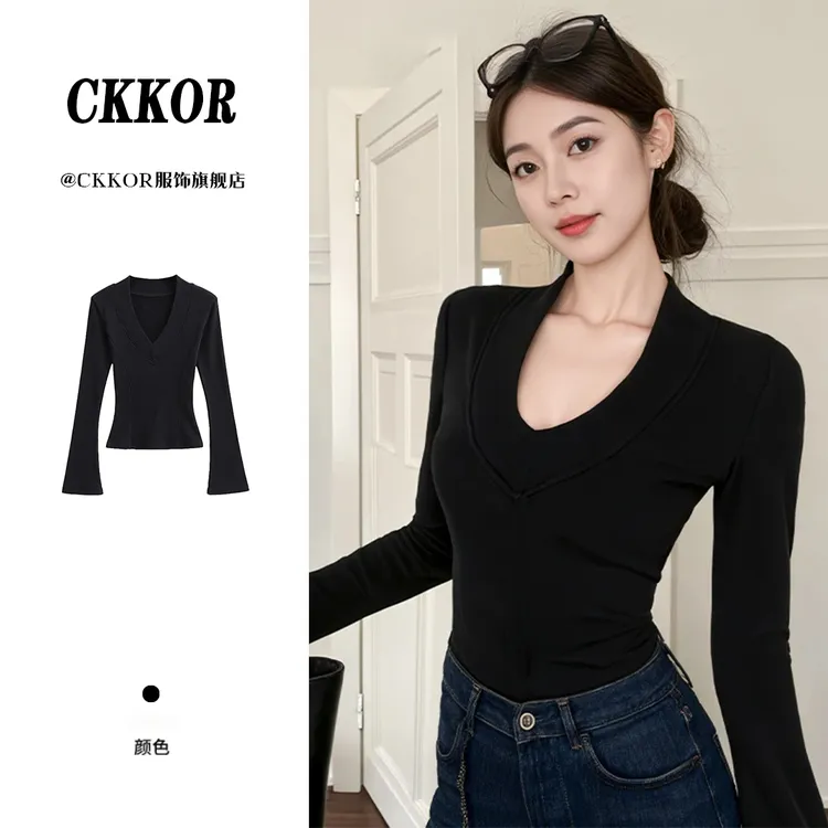 CKKOR秋冬磨毛亲肤保暖打底衫女款爆款纯欲V领长袖T恤修身内搭女