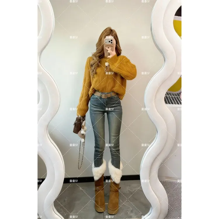 曼曼【野生铅笔裤~】韩版厚绒弹力修身显瘦小脚裤Z1675#（无腰带）