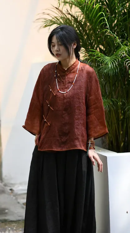 如眸原创夏款新中式复古盘扣印花桑蚕丝香云纱短上衣ZQ54050