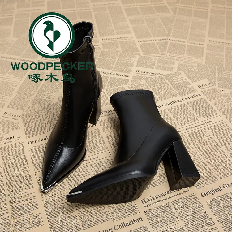 啄木鸟粗跟高级感小短靴2025秋冬新款气质高跟冬鞋瘦瘦法式小踝靴