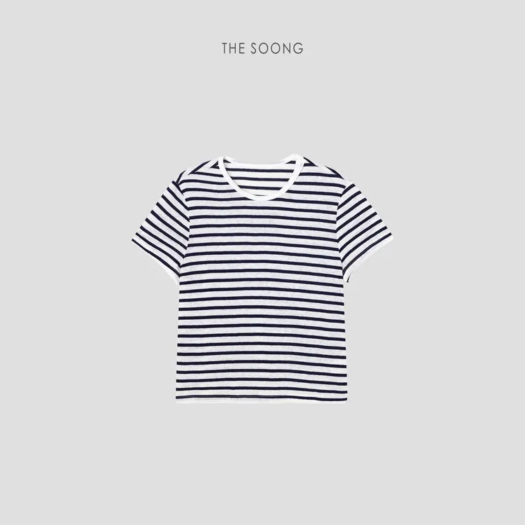 THESOONG|"布列塔尼"天然亚麻色织条纹肌理感T恤上衣HWTX7438