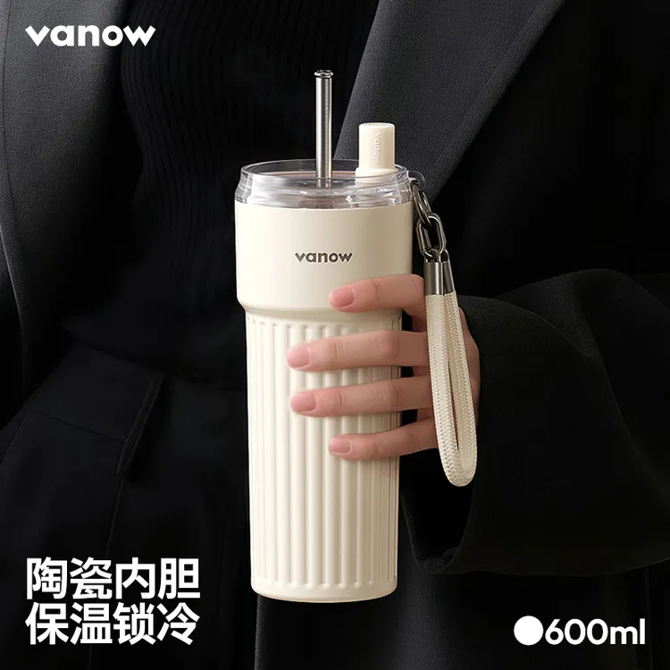 vanow陶瓷内胆保温杯吸管大容量咖啡水杯车载2025新款女生高颜值
