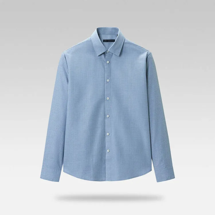含【绵羊毛】休闲衬衣蓝色格纹长袖衬衣四季款商务休闲衬衣