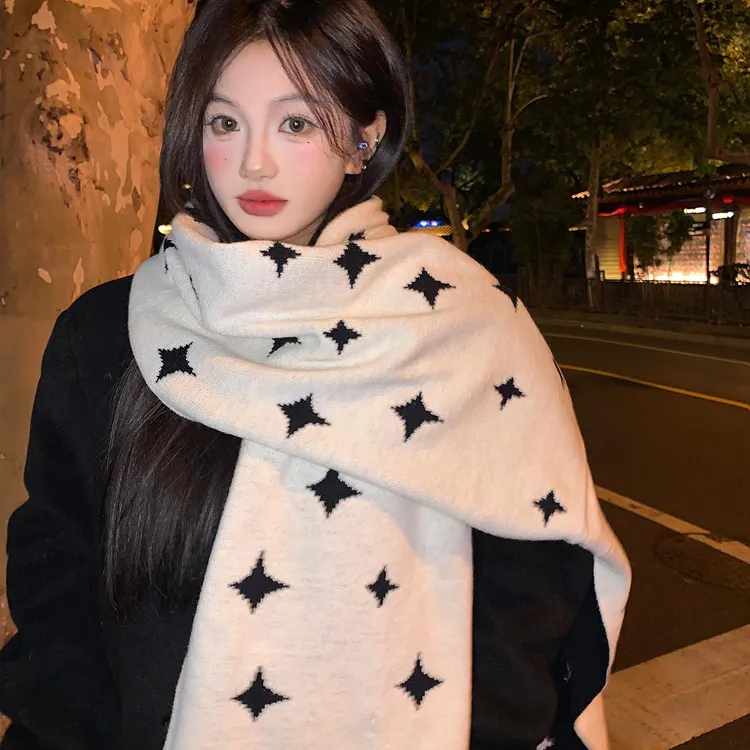 双面星星仿羊绒加厚针织围巾女秋冬季保暖韩系氛围感防寒披肩围脖
