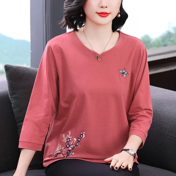 纯棉T恤女中袖圆领妈妈春夏装宽松中年女士打底衫七分袖百搭上衣