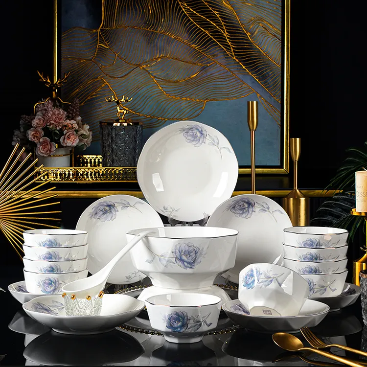 【专属】电光金蓝色妖姬高端碗碟套装新骨瓷套装家用碗盘乔迁餐具