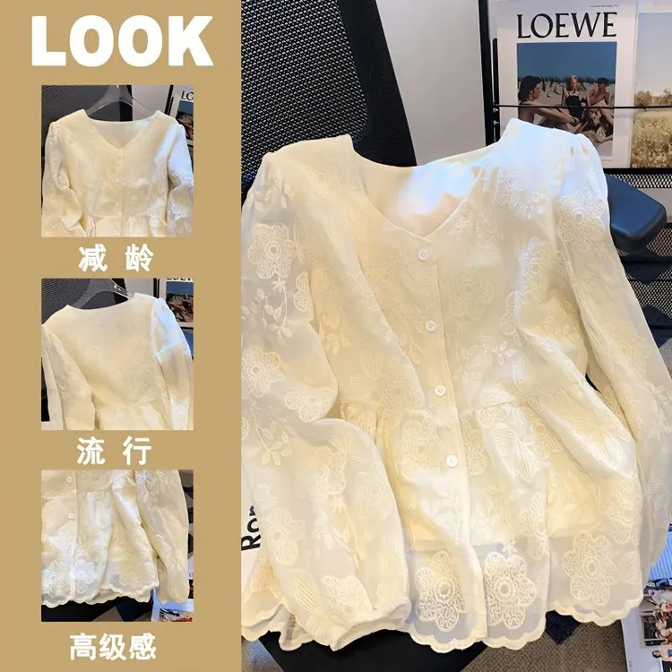 大码设计感小众蕾丝衬衫女2025新款v领时尚遮肉内搭
