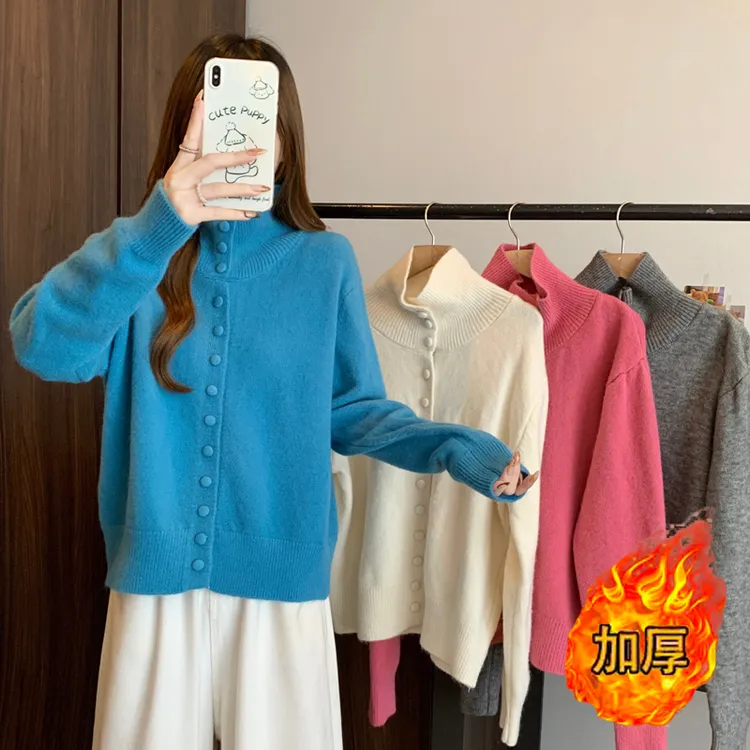 015大码女装2024秋冬新款时尚纯色单排扣半高领加厚长袖毛衣