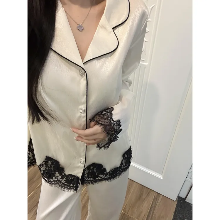 白月光蕾丝高级感拼接冰丝睡衣女春秋休闲新款气质外穿套装家居服