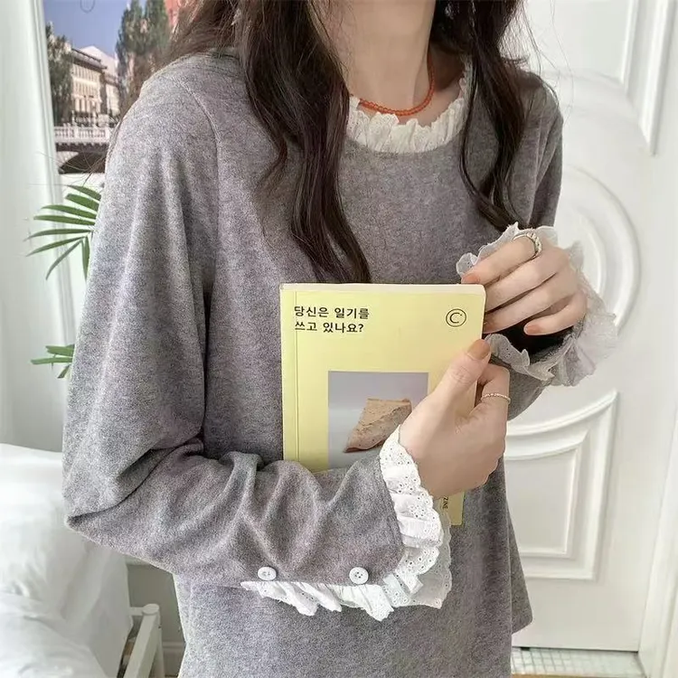 睡衣女韩版宽松蕾丝长袖家居服春秋新款甜美学院风休闲家居服套装