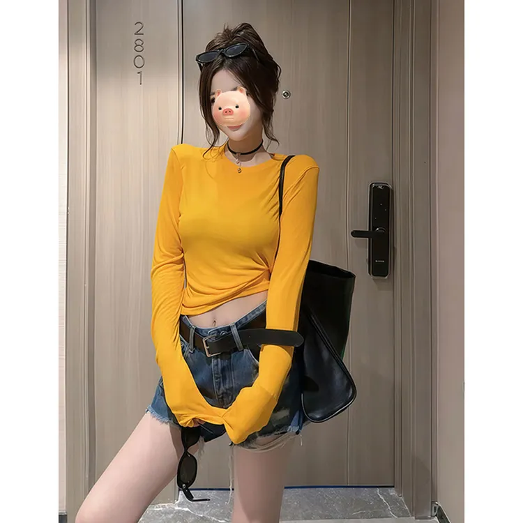 橘色V领辣妹薄款冰丝长袖T恤女夏季外搭防晒衫修身短款空调衫上衣