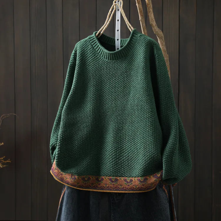 绿色毛衣松弛感女款2025冬新款复古独特提花正流行慵懒圆领针织衫