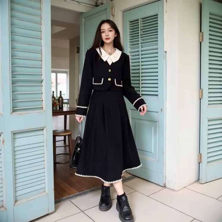 YH-63941大码女装胖mm小香风上衣外套+半身裙两件套2025春新款
