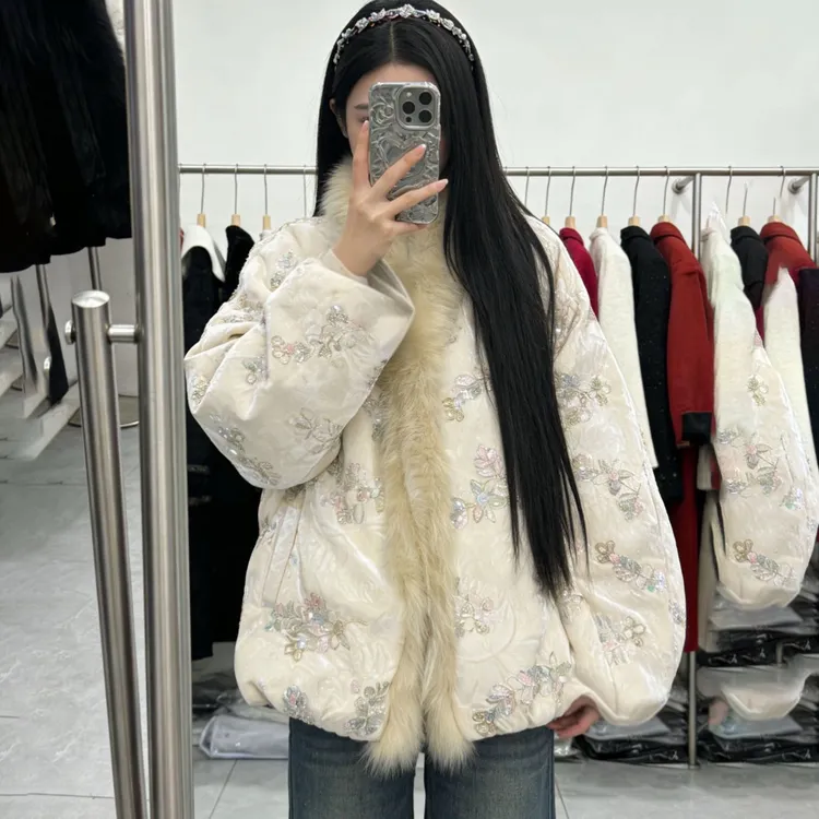 新中式风重工刺绣羽绒服冬季狐狸毛领中长款保暖90白鸭绒外套07