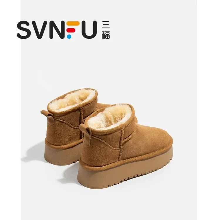 三福厚底雪地靴女皮毛一体2025年冬周冬雨同款短筒加厚保暖棉鞋冬