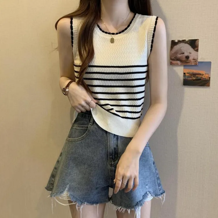 法式条纹针织背心女夏季薄款冰丝无袖坎肩内搭打底T恤上衣外穿潮