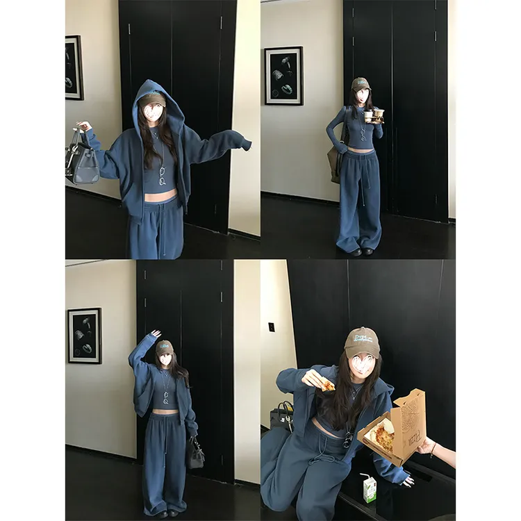 韩系气质高级感松弛感穿搭女早秋季连帽卫衣开衫外套休闲阔腿卫裤