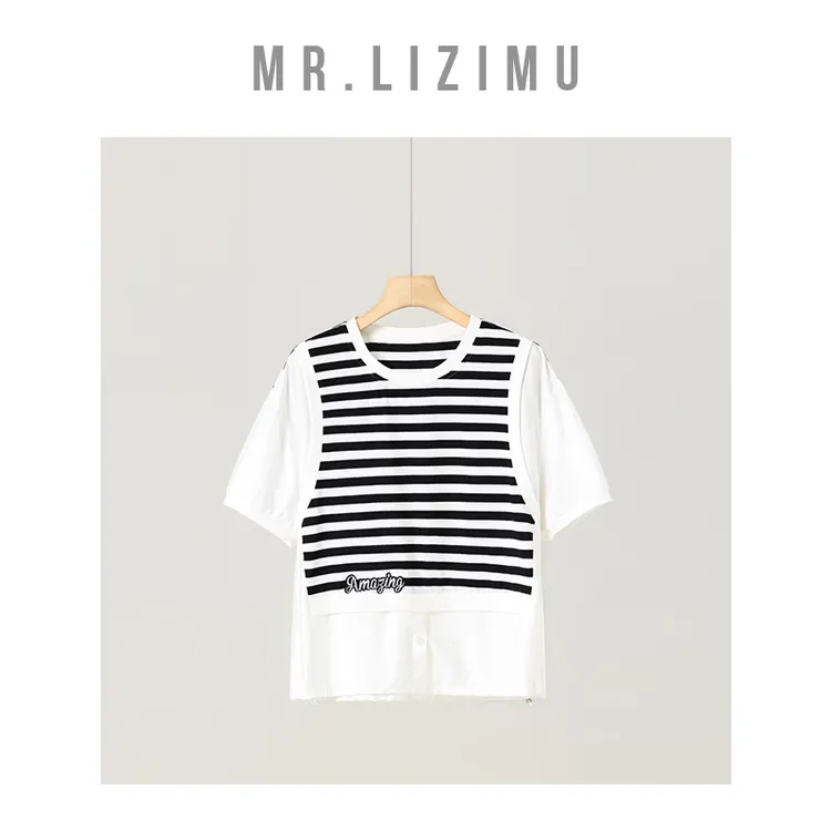 李子木先生时尚休闲黑白条纹圆领短袖女款爆款2025新款小众衣服