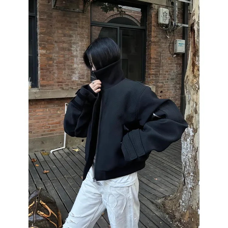 黑色折棘美式bomber夹克男款春秋弯刀绑带袖高级感cleanfit短外套