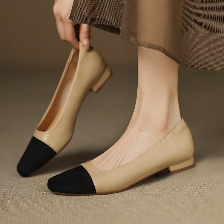 【平跟1cm】法式小香风真皮单鞋女平跟方头平底单鞋浅口百搭柔软鞋