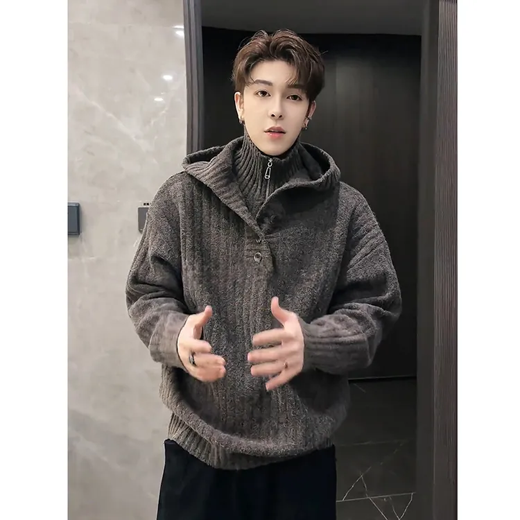 美式咖色假两件高领连帽毛衣男款冬季韩系慵懒风高级感针织衫外套