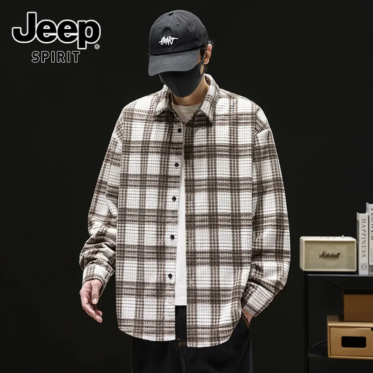 JEEPSPIRIT吉普港风文艺格子衬衫男秋季翻领长袖衬衣潮流穿搭上衣