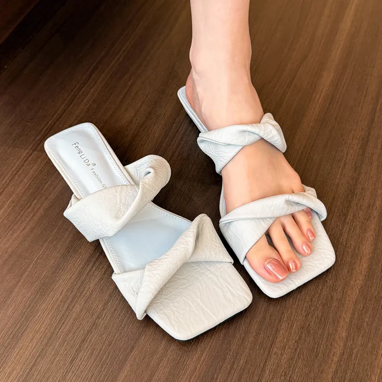 elingstudio 巨软软哒！云朵蓝一字带低跟凉拖鞋女夏季低跟穆勒鞋