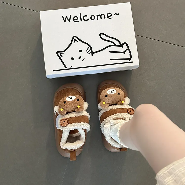 可爱卡通小熊扣子魔术贴厚底大棉鞋女2025新款冬季加绒雪地靴棉鞋