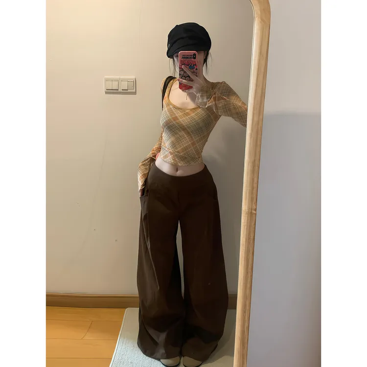 复古辣妹风U领撞色拼接长袖T恤女2025秋季新款高级感阔腿裤两件套