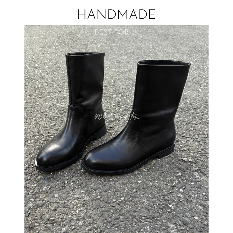 漫言町3cm头层牛皮圆头极简风平底短靴骑士靴中筒一脚蹬马丁靴女