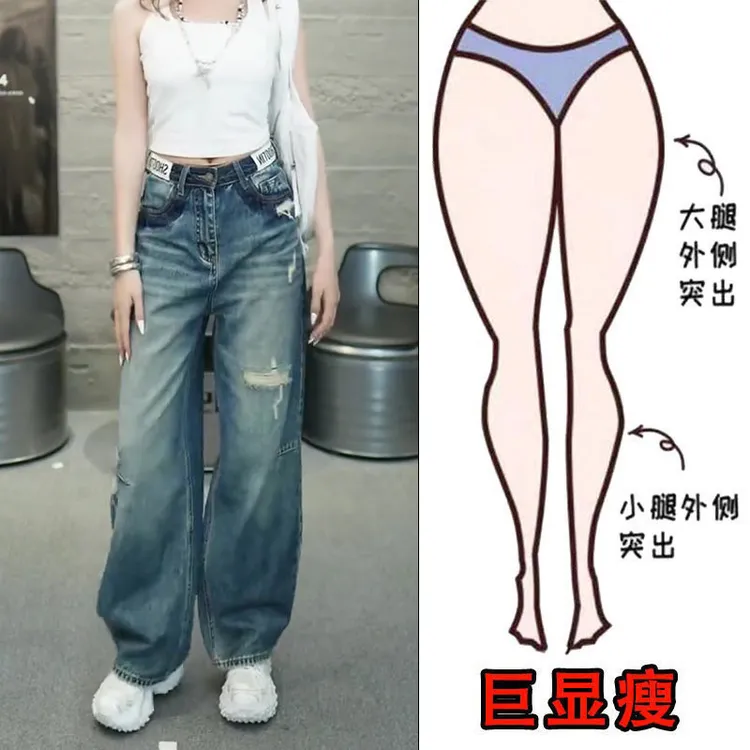 2025新款夏季大码女装高腰直筒宽松阔腿裤显瘦百搭减龄遮肉牛仔裤