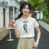 慕兔韩系复古polo领带丝巾上衣女2025夏季新款小个子正肩短袖t恤
