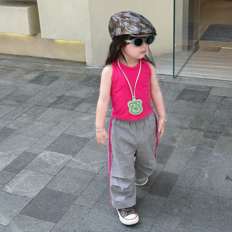 壹妈童装韩版女童时髦洋气套装2025夏装新款儿童粉色背心灰色长裤